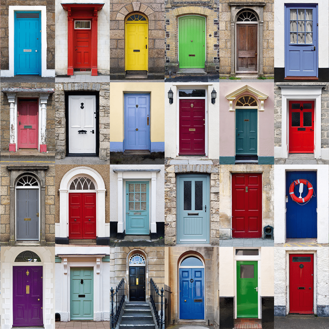 collage of doors in various colors