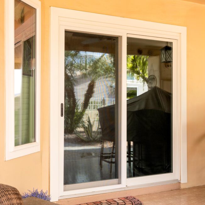 white endure 2 lite sliding patio door and picture window