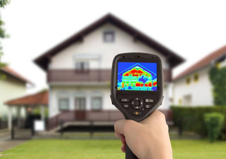 Handheld infrared camera displaying a color heat-map of a house exterior during a home inspection.